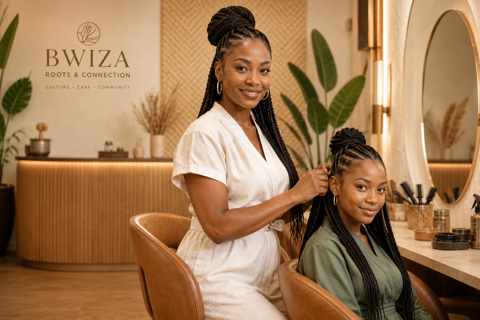 A Bwiza Roots & Connection stylist braiding a young client's hair in a clean, warm, professional salon.